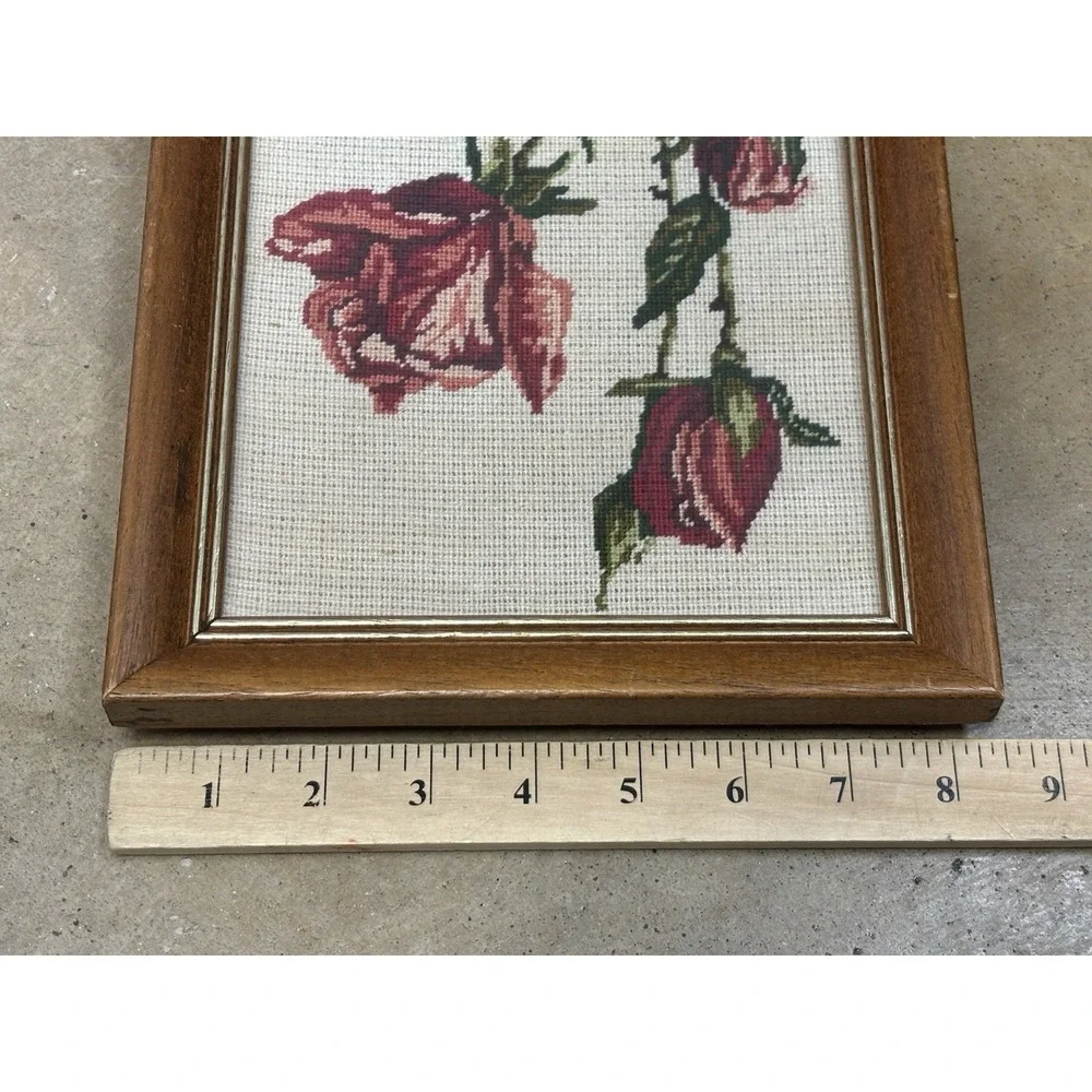 Vtg Framed Floral Roses Needlework Art Rectangular Gallery Wall Kitschy